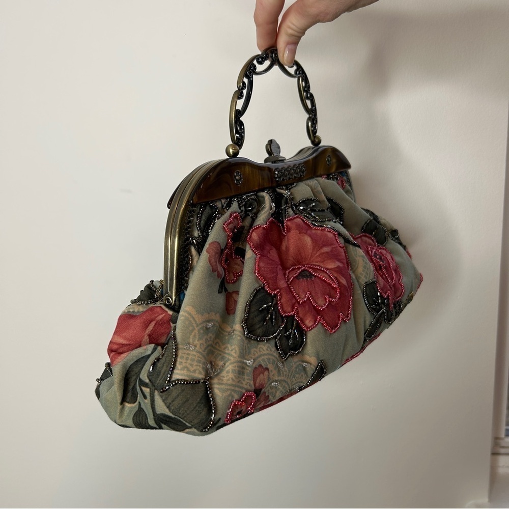 Vintage Floral Beaded Frame Purse Clutch Pink Green Brown - Picture 3 of 10